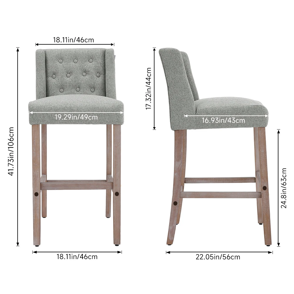 Voltsify Rustic Set of 2 Bar Stools Linen Tufted with Wood Legs