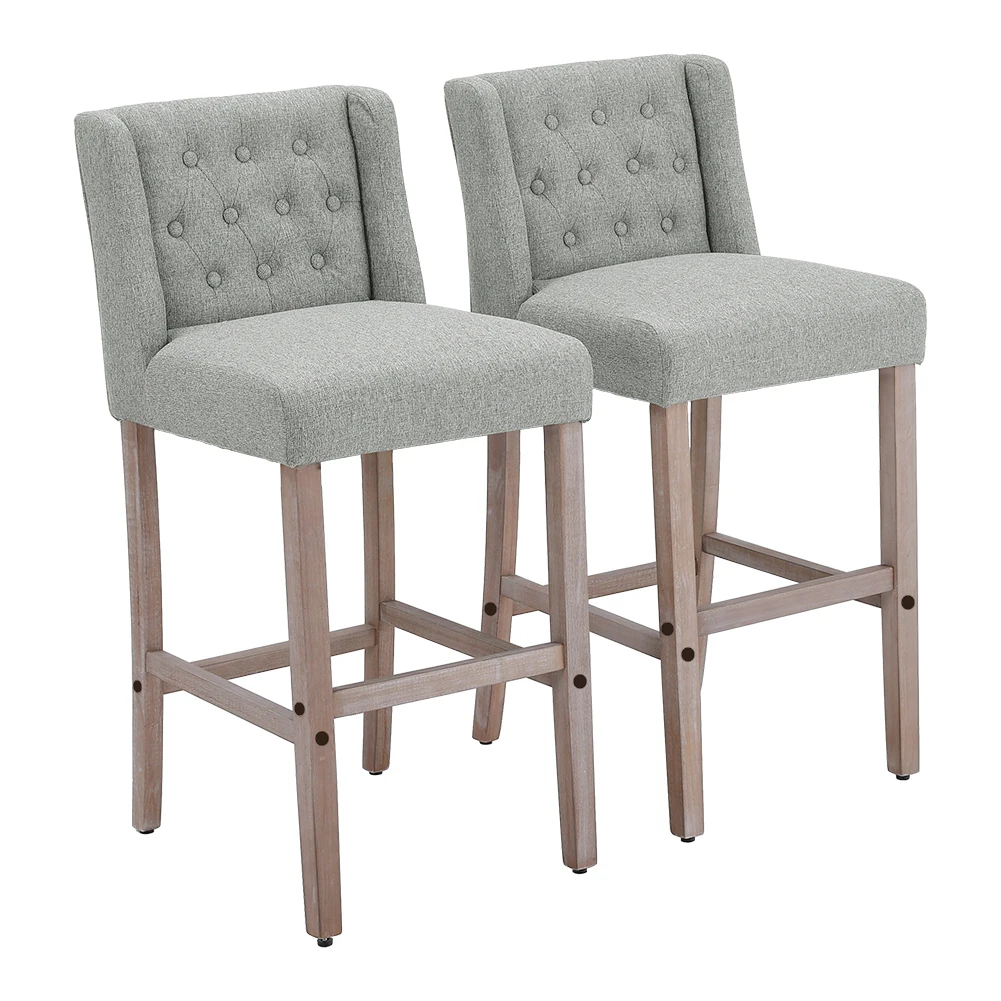 Voltsify Rustic Set of 2 Bar Stools Linen Tufted with Wood Legs