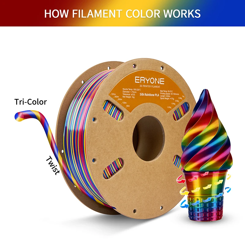 ERYONE 3KG PLA Silk Twist Rainbow Premium Shiny Filament 3D Print, Multicolor, PLA Silk Twist Rainbow Filament, 1KG/Spool