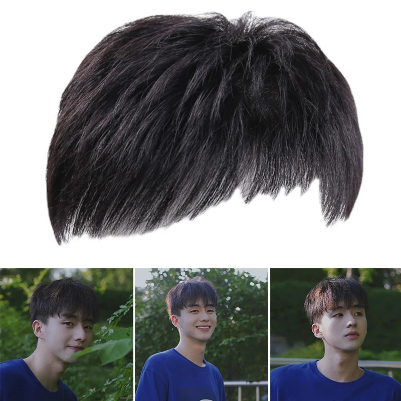 Synthetic Men Natural Fake Hairpiece Black False Hair Cover Effectively Cover Thinning Hair Male Clips-On Short Hair Wig