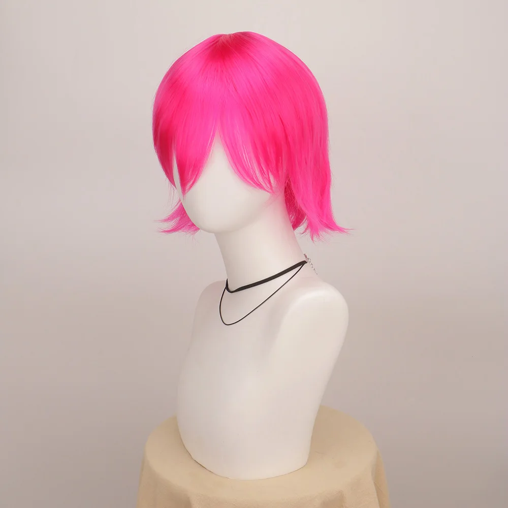 Synthetic Unisex 12 Inches Short Cosplay Hair Party White Red Pink Blonde Orange Yellow Wigs with Bangs Lolita Wig For Men Women
