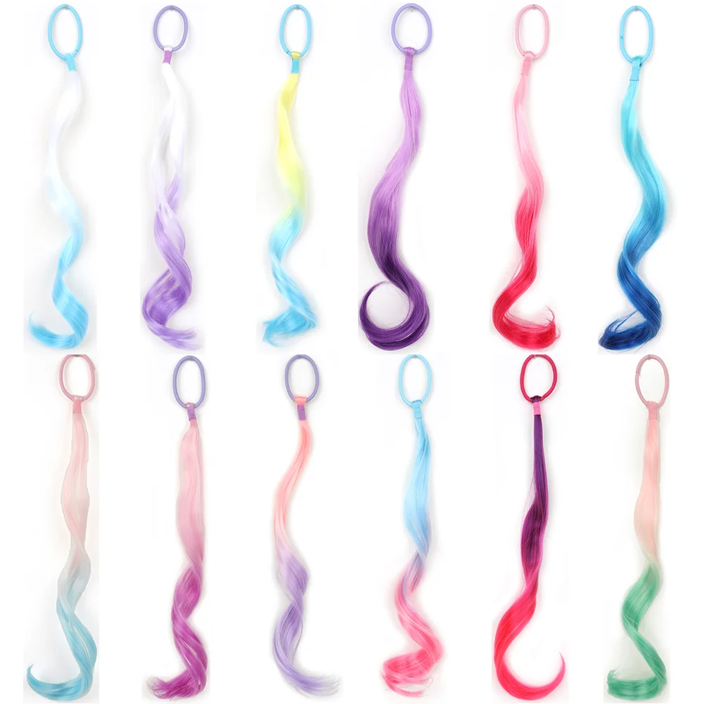 14 Inch Lightweight Colored Hair Extensions Colored Hair Extensions Synthetic for Kids Curly Ponytail Extension with Elastic Tie