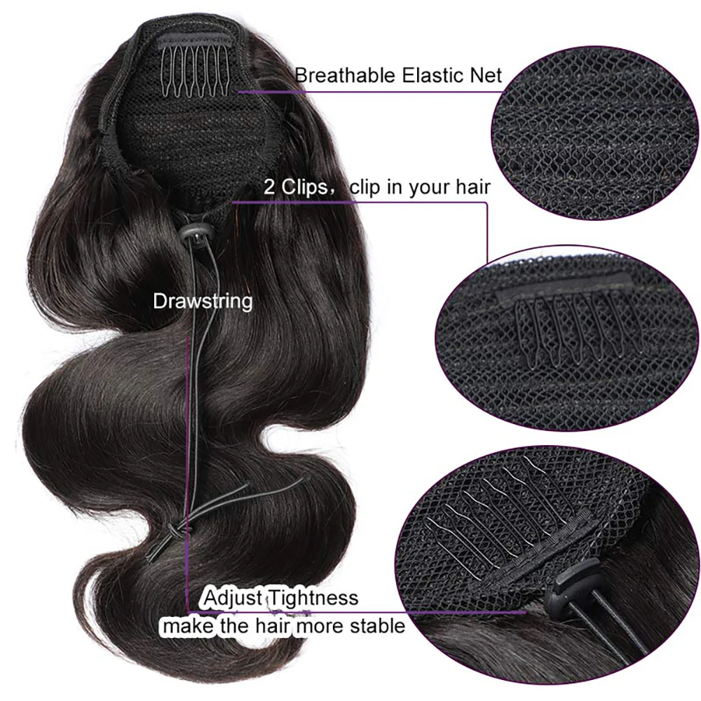 Body Wave Drawstring Ponytail Natural Black Brazilian 100% Real Human Hair Ponytail Clip In Hair Ponytail Extensions For Women