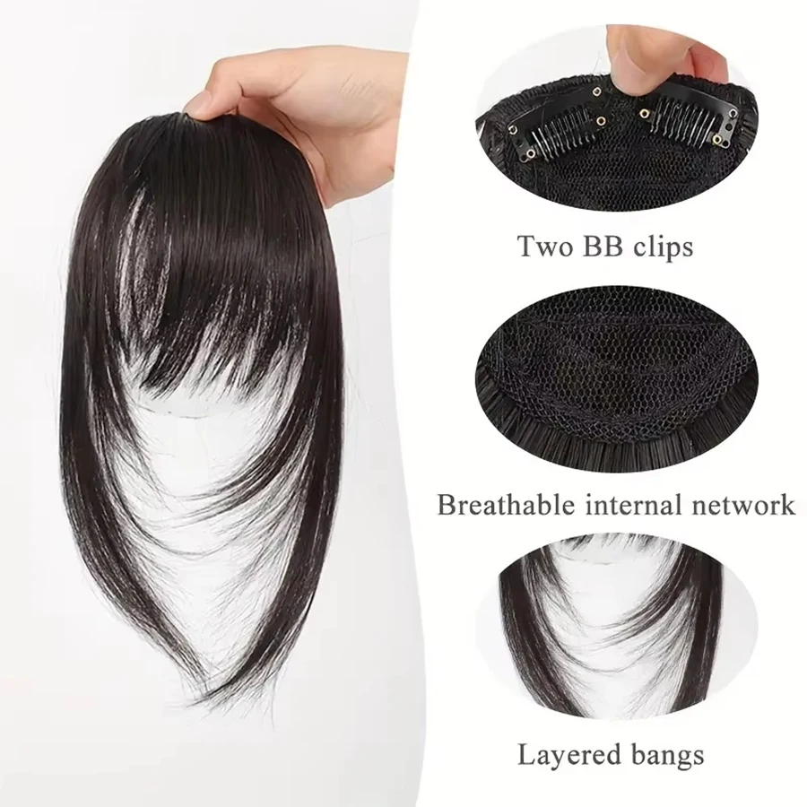 Women's Straight Synthetic Hair Extensions with Layered Bangs Side-Swept Bangs Natural-Looking Hairpiece for Versatile Styling