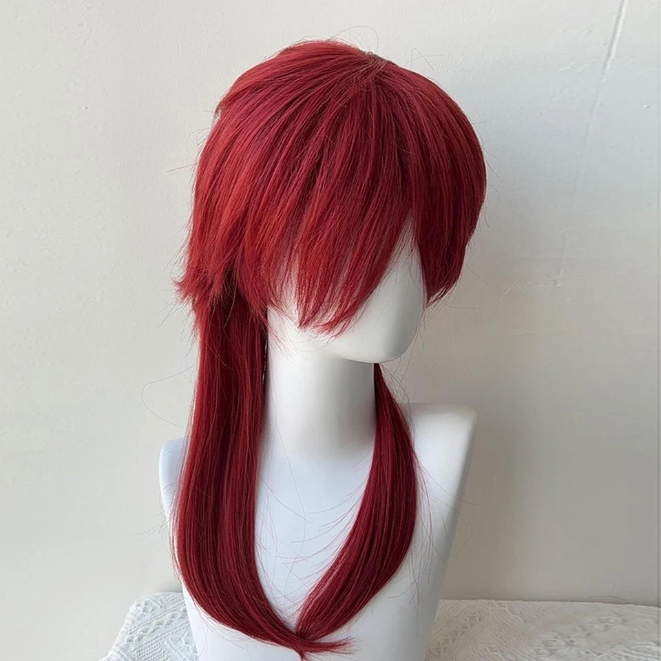 AOSI Wine Red Mullet Head Wigs with Bangs Long Synthetic Straight Men Women Anime Halloween Cosplay Hair Wig for Daily Party