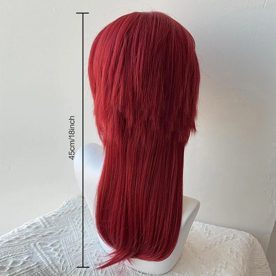 AOSI Wine Red Mullet Head Wigs with Bangs Long Synthetic Straight Men Women Anime Halloween Cosplay Hair Wig for Daily Party