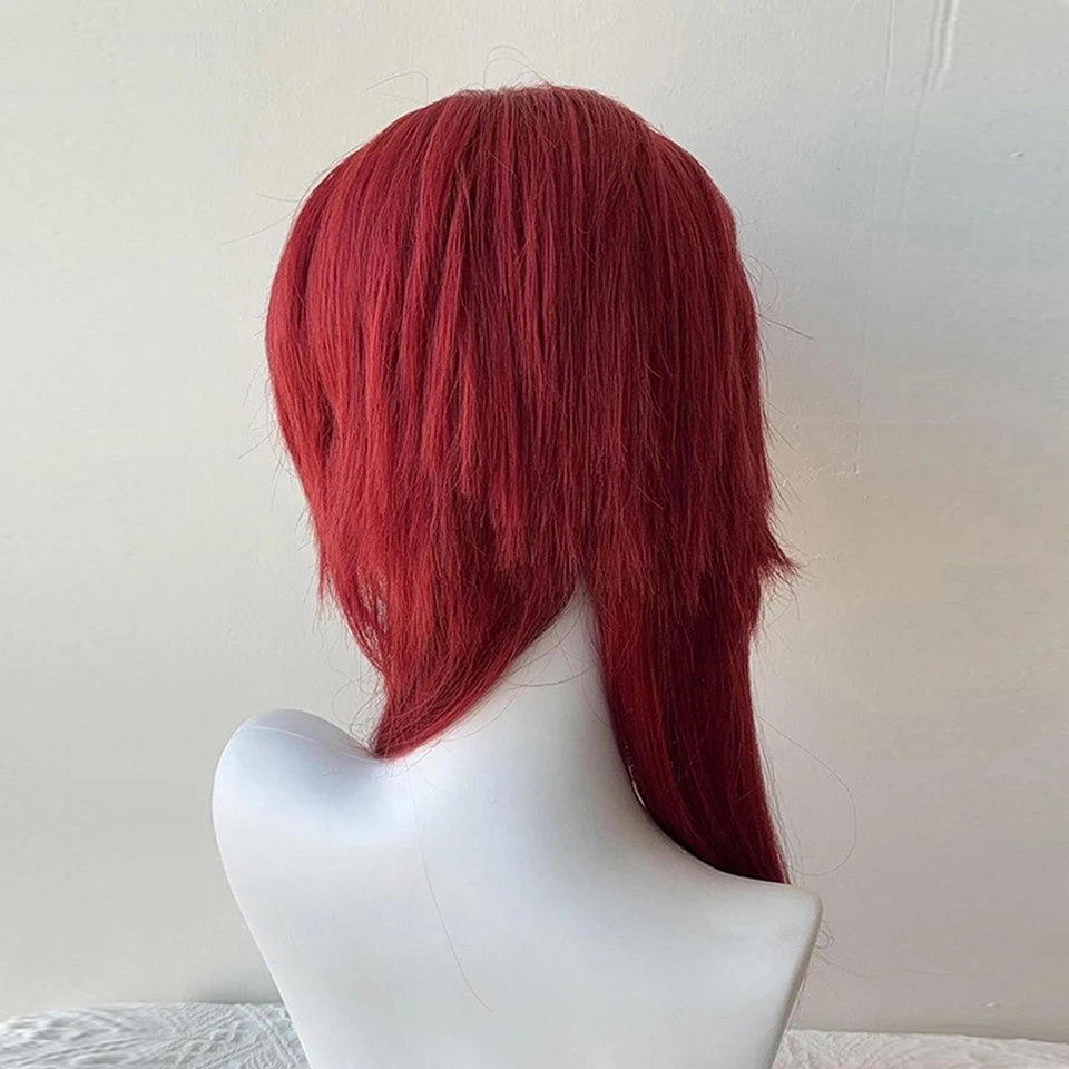 AOSI Wine Red Mullet Head Wigs with Bangs Long Synthetic Straight Men Women Anime Halloween Cosplay Hair Wig for Daily Party