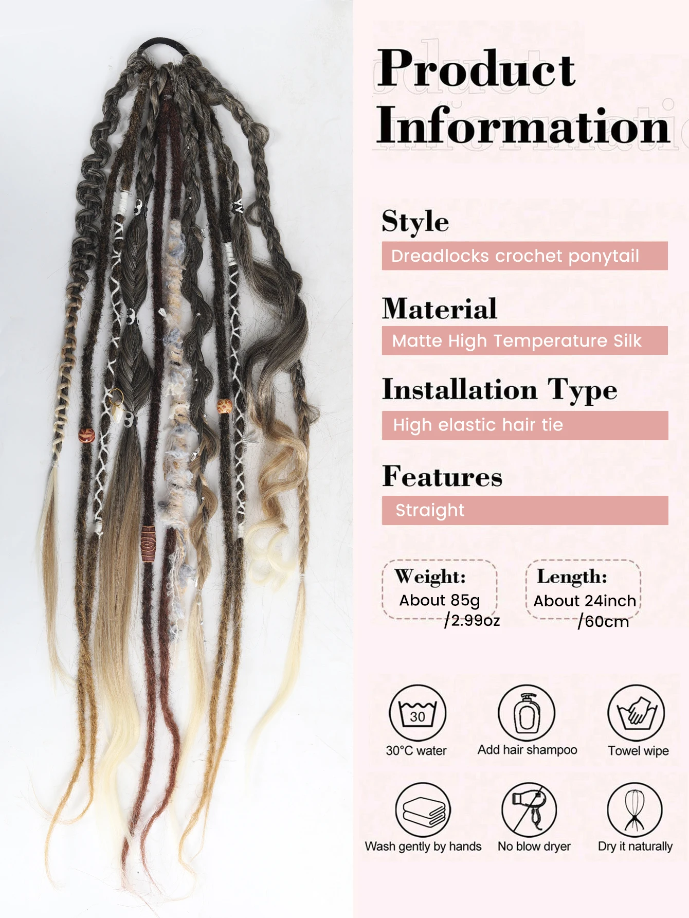 Hand-Braided Viking Dreadlock Beaded Synthetic Hairpiece 24" Boho Braided Ponytail Extension with Hair Tie for Women
