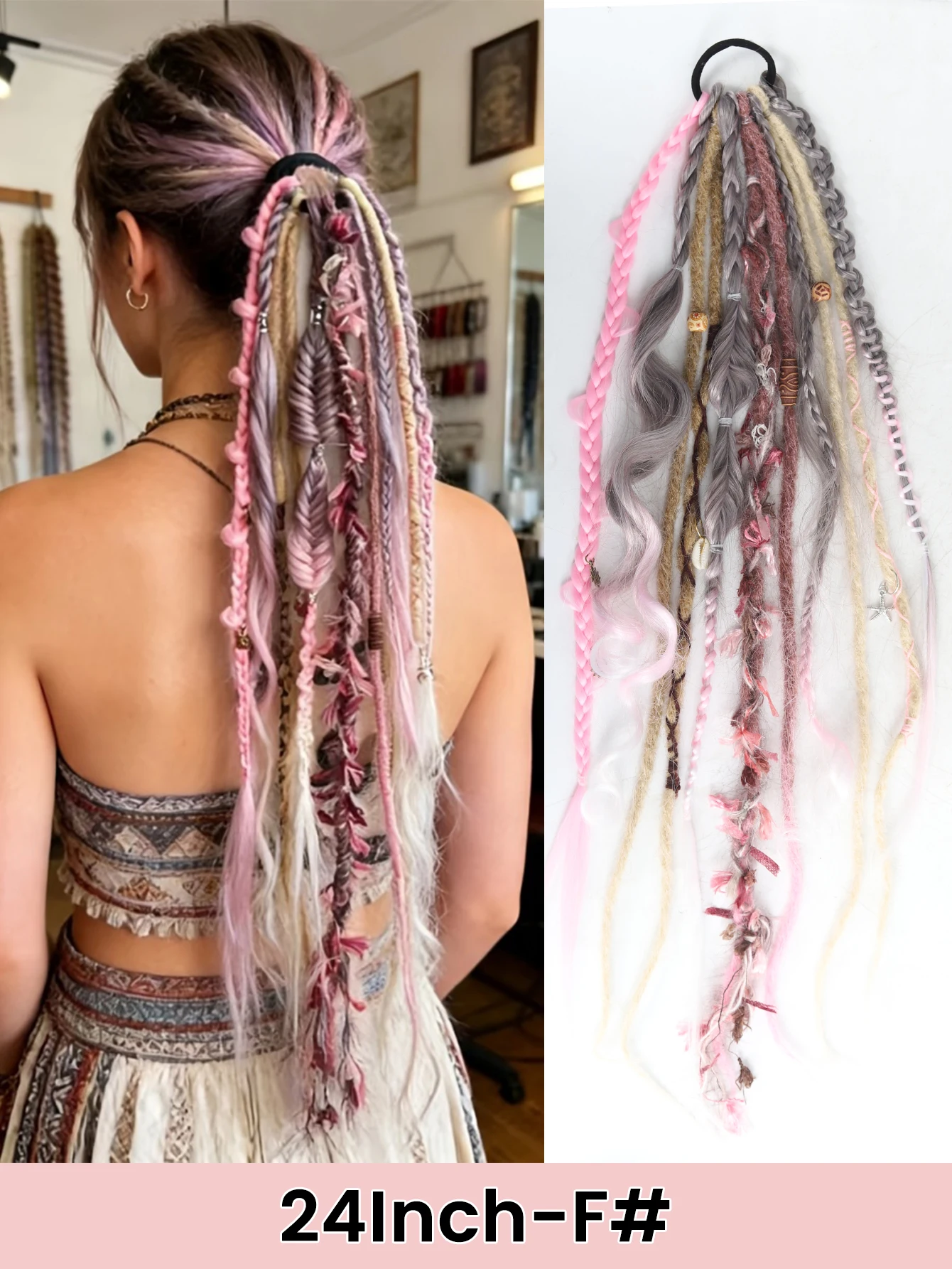 Hand-Braided Viking Dreadlock Beaded Synthetic Hairpiece 24" Boho Braided Ponytail Extension with Hair Tie for Women