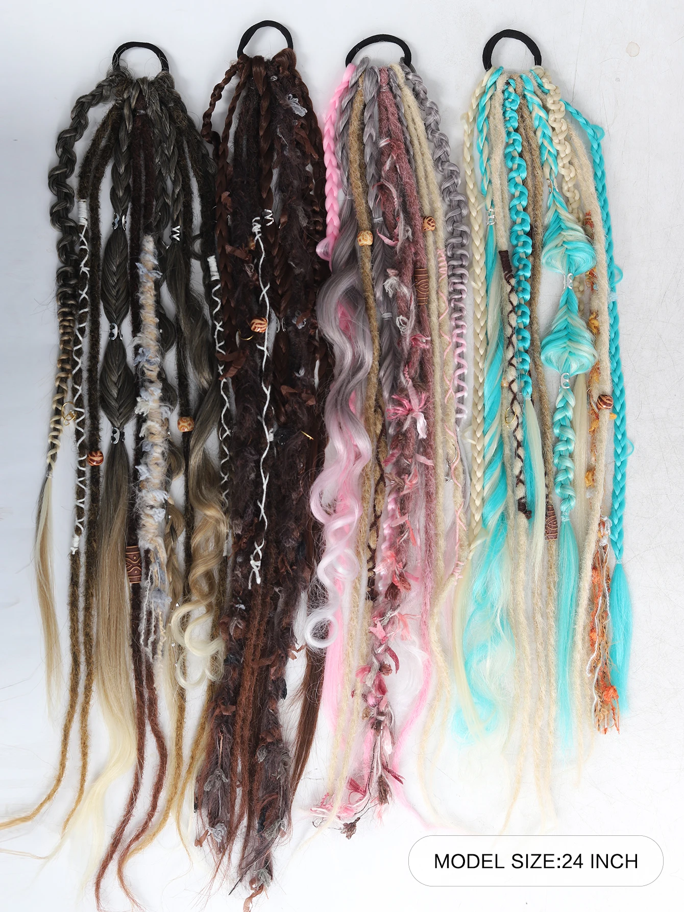 Hand-Braided Viking Dreadlock Beaded Synthetic Hairpiece 24" Boho Braided Ponytail Extension with Hair Tie for Women