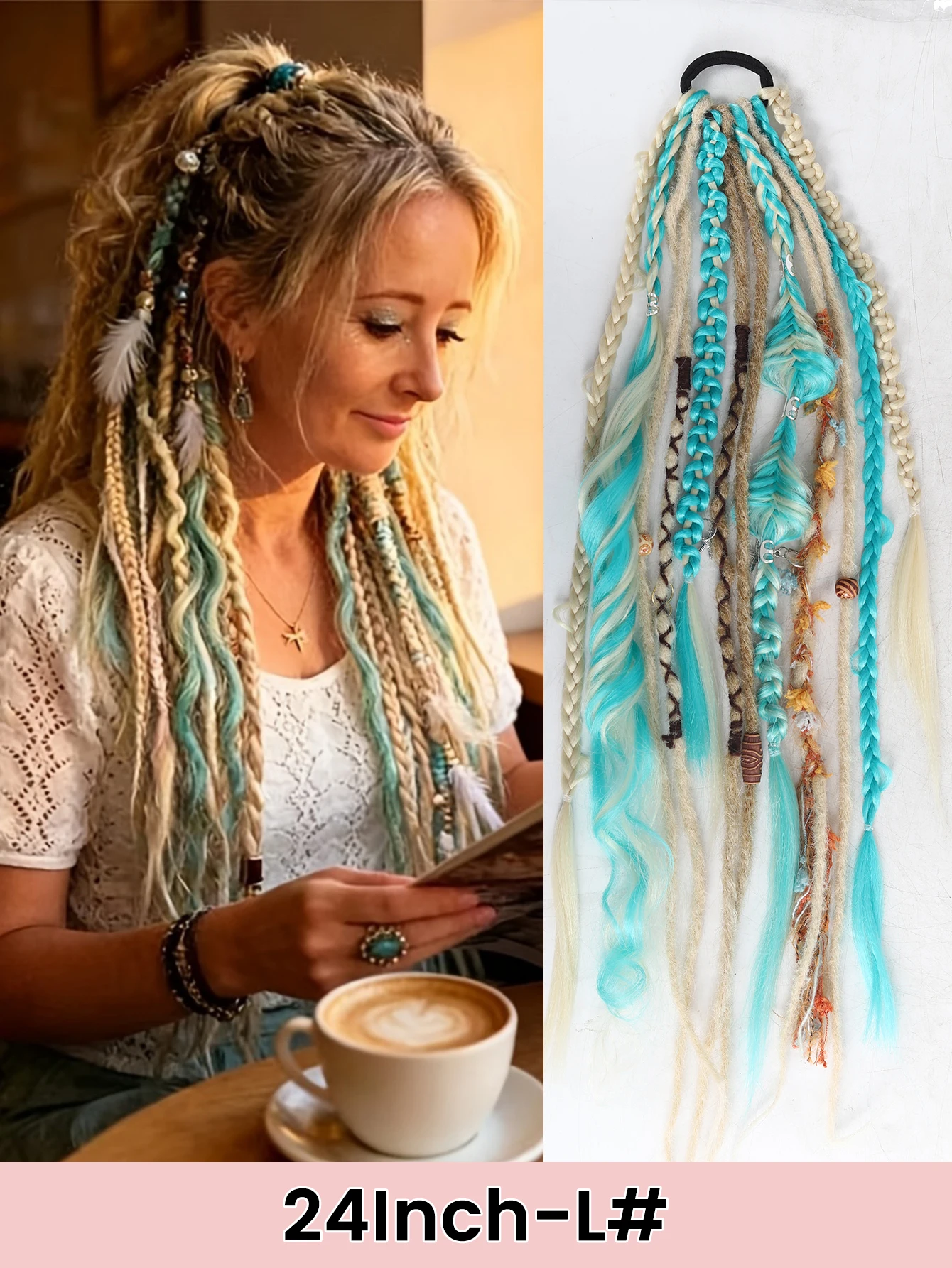 Hand-Braided Viking Dreadlock Beaded Synthetic Hairpiece 24" Boho Braided Ponytail Extension with Hair Tie for Women