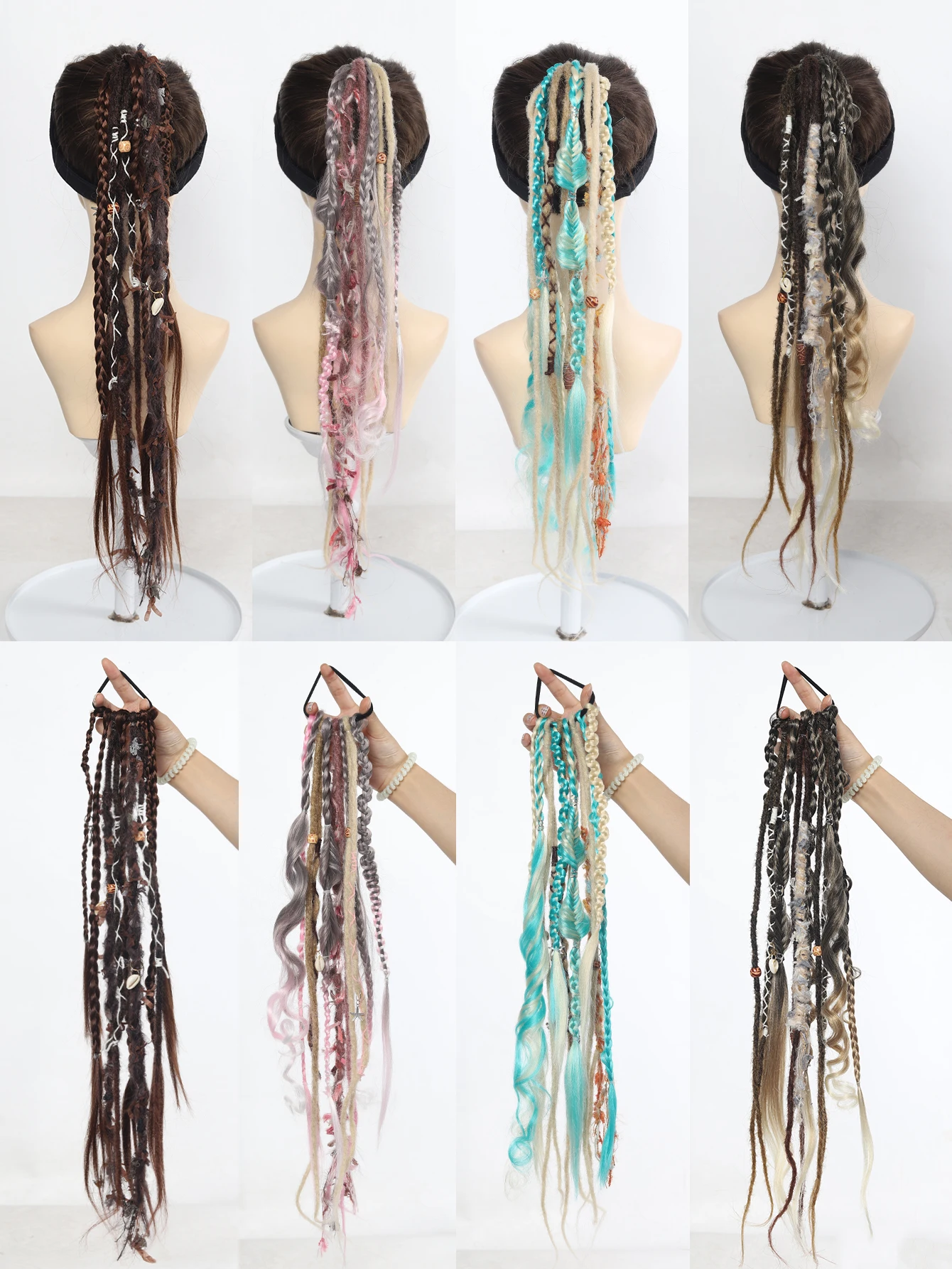 Hand-Braided Viking Dreadlock Beaded Synthetic Hairpiece 24" Boho Braided Ponytail Extension with Hair Tie for Women