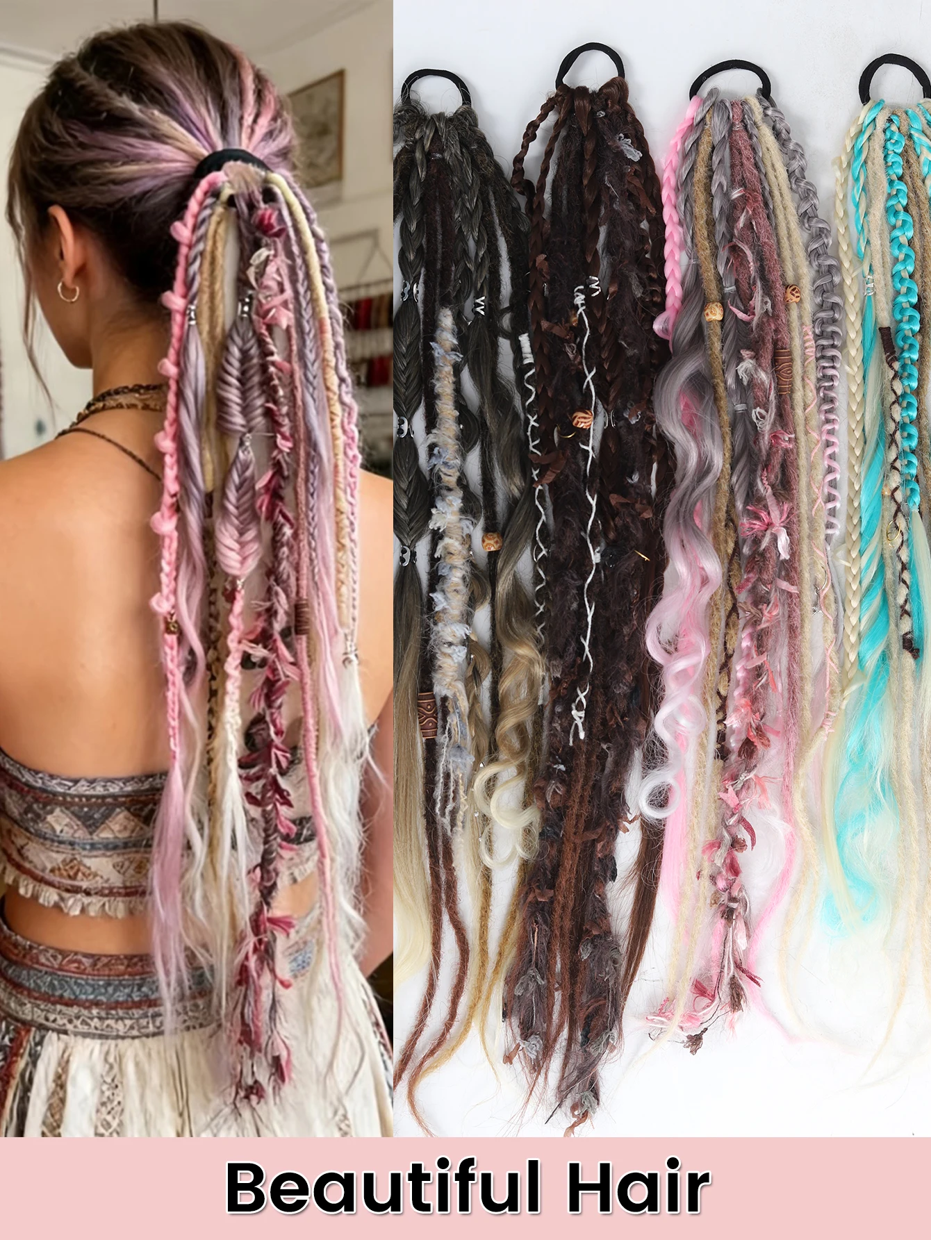 Hand-Braided Viking Dreadlock Beaded Synthetic Hairpiece 24" Boho Braided Ponytail Extension with Hair Tie for Women