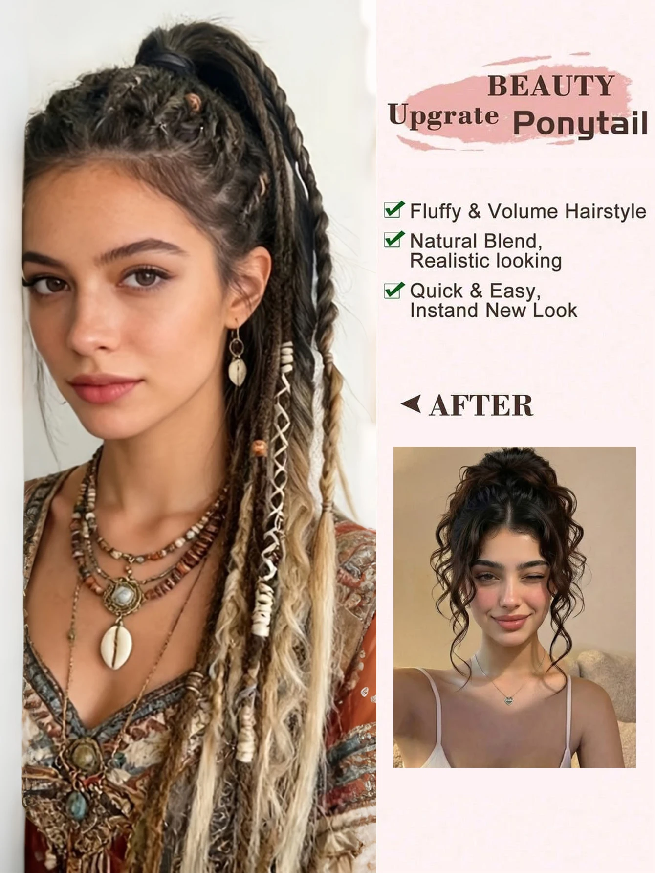 Hand-Braided Viking Dreadlock Beaded Synthetic Hairpiece 24" Boho Braided Ponytail Extension with Hair Tie for Women