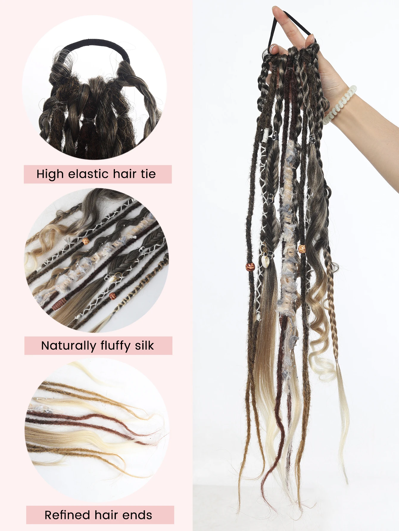 Hand-Braided Viking Dreadlock Beaded Synthetic Hairpiece 24" Boho Braided Ponytail Extension with Hair Tie for Women