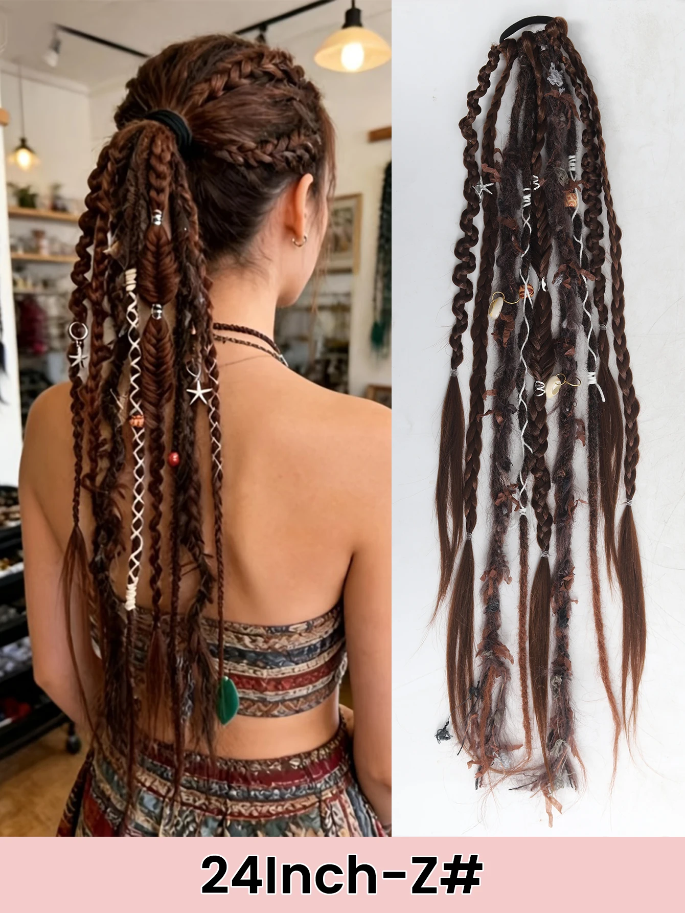 Hand-Braided Viking Dreadlock Beaded Synthetic Hairpiece 24" Boho Braided Ponytail Extension with Hair Tie for Women