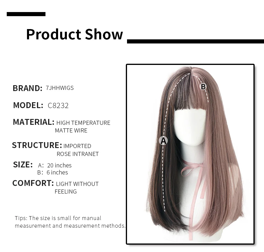 7JHHWIGS Long Wavy Synthetic Black Wigs For Women With Fringe Fashion Heat Resistant Mid-Length Daily Straight Light Brown Hair