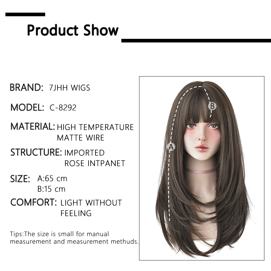 7JHHWIGS Long Wavy Synthetic Black Wigs For Women With Fringe Fashion Heat Resistant Mid-Length Daily Straight Light Brown Hair