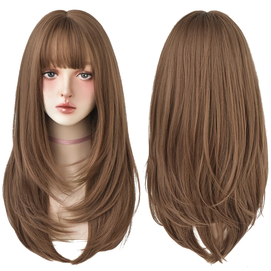 7JHHWIGS Long Wavy Synthetic Black Wigs For Women With Fringe Fashion Heat Resistant Mid-Length Daily Straight Light Brown Hair