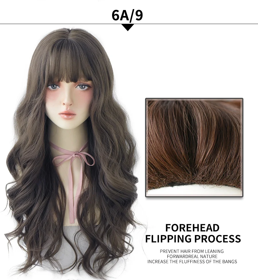 7JHHWIGS Long Wavy Synthetic Black Wigs For Women With Fringe Fashion Heat Resistant Mid-Length Daily Straight Light Brown Hair