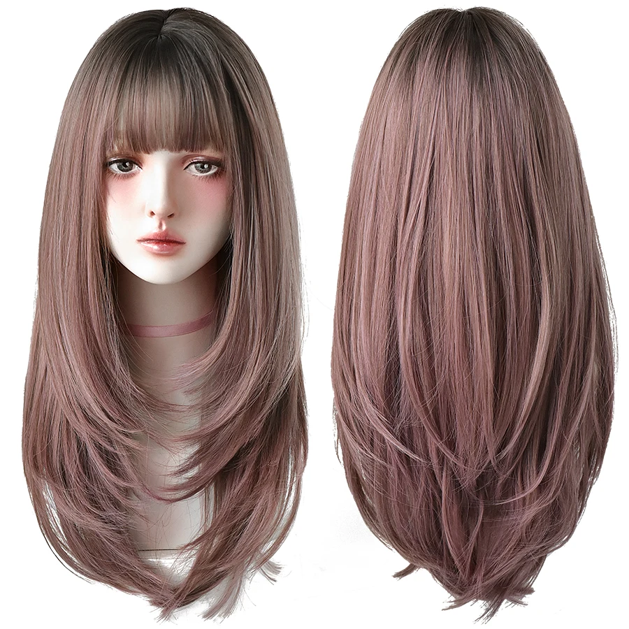 7JHHWIGS Long Wavy Synthetic Black Wigs For Women With Fringe Fashion Heat Resistant Mid-Length Daily Straight Light Brown Hair