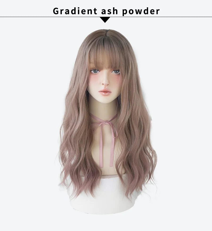 7JHHWIGS Long Wavy Synthetic Black Wigs For Women With Fringe Fashion Heat Resistant Mid-Length Daily Straight Light Brown Hair