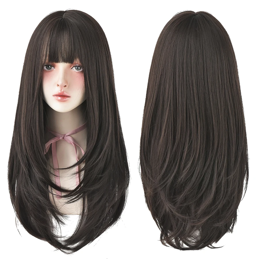 7JHHWIGS Long Wavy Synthetic Black Wigs For Women With Fringe Fashion Heat Resistant Mid-Length Daily Straight Light Brown Hair