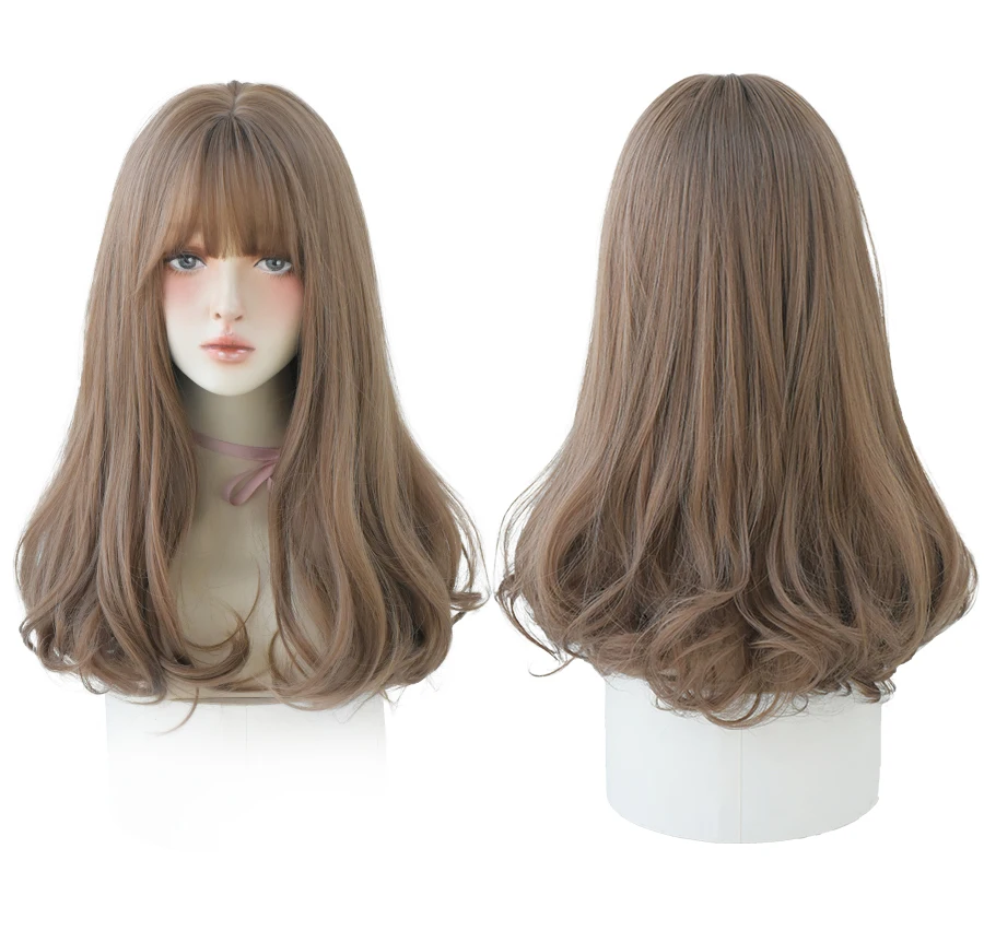 7JHHWIGS Long Wavy Synthetic Black Wigs For Women With Fringe Fashion Heat Resistant Mid-Length Daily Straight Light Brown Hair