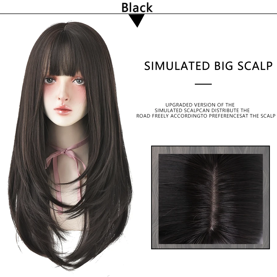 7JHHWIGS Long Wavy Synthetic Black Wigs For Women With Fringe Fashion Heat Resistant Mid-Length Daily Straight Light Brown Hair
