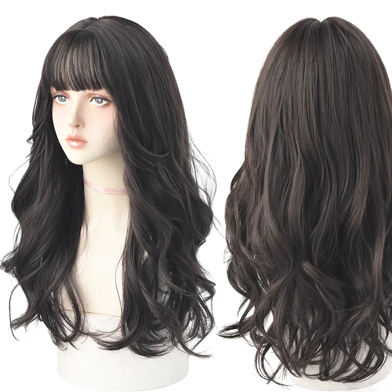 7JHHWIGS Long Wavy Synthetic Black Wigs For Women With Fringe Fashion Heat Resistant Mid-Length Daily Straight Light Brown Hair