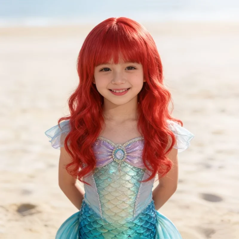 Children's Cosplay Princess Wig Synthetic Long Wavy Hair Extensions with Neat Bangs Big Waves Orange Head Cover for Girls