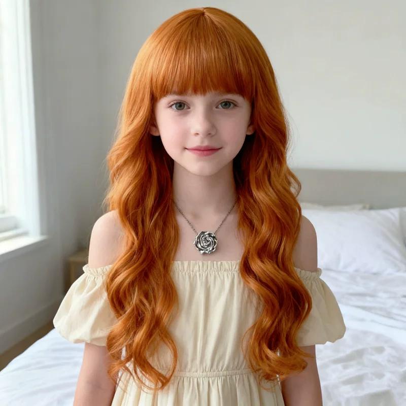 Children's Cosplay Princess Wig Synthetic Long Wavy Hair Extensions with Neat Bangs Big Waves Orange Head Cover for Girls