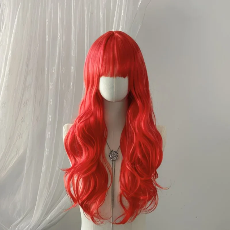 Children's Cosplay Princess Wig Synthetic Long Wavy Hair Extensions with Neat Bangs Big Waves Orange Head Cover for Girls