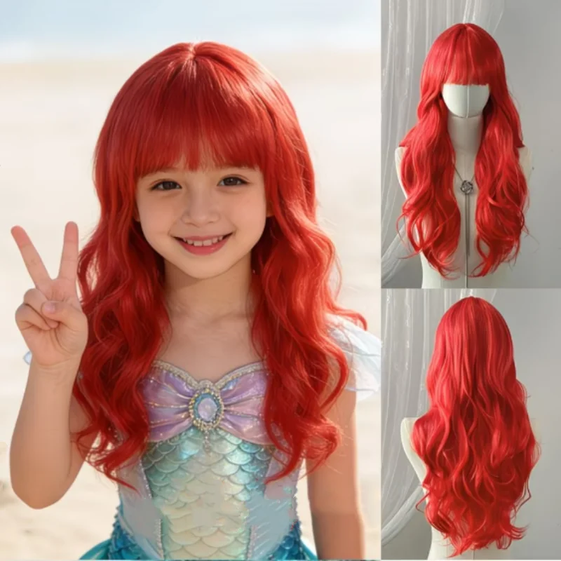 Children's Cosplay Princess Wig Synthetic Long Wavy Hair Extensions with Neat Bangs Big Waves Orange Head Cover for Girls