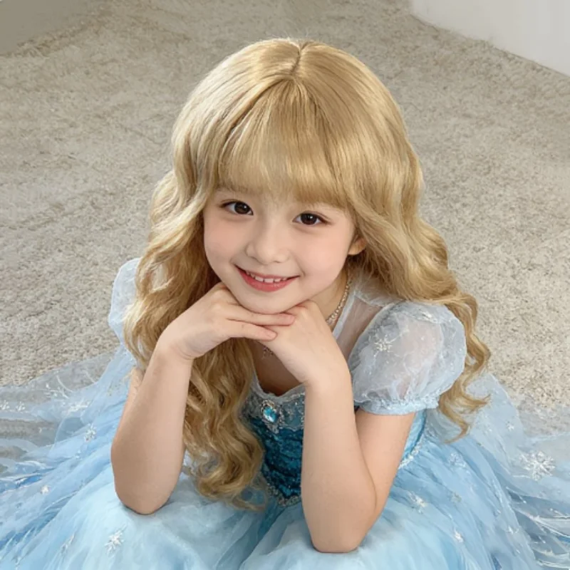 Children's Cosplay Princess Wig Synthetic Long Wavy Hair Extensions with Neat Bangs Big Waves Orange Head Cover for Girls