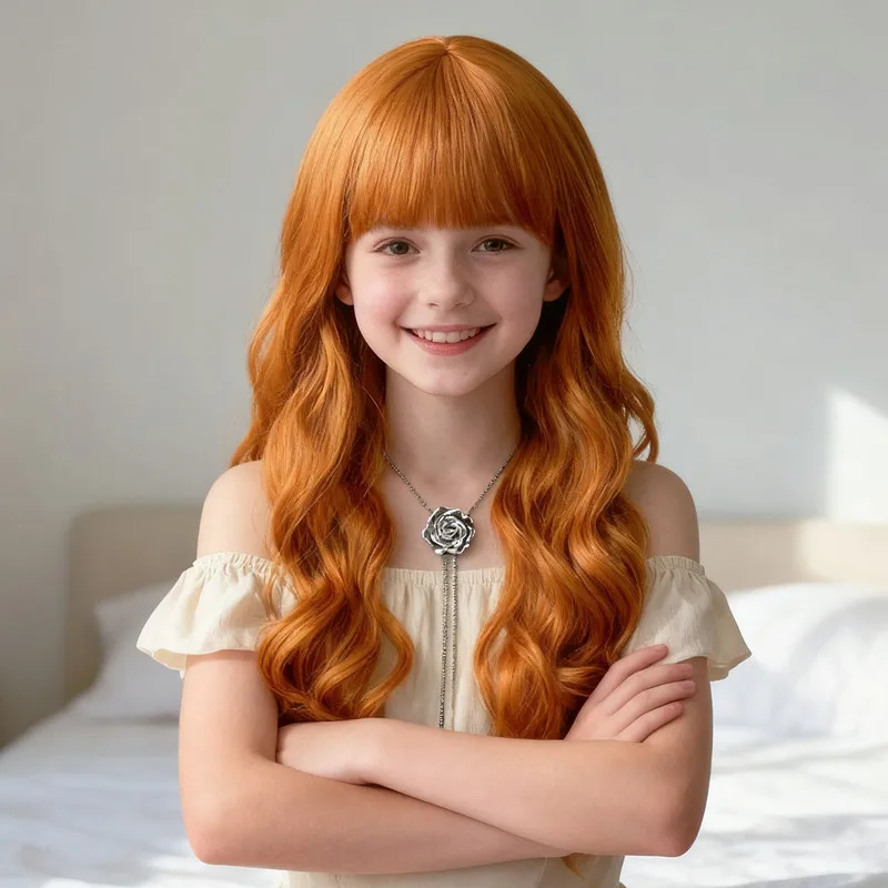 Children's Cosplay Princess Wig Synthetic Long Wavy Hair Extensions with Neat Bangs Big Waves Orange Head Cover for Girls