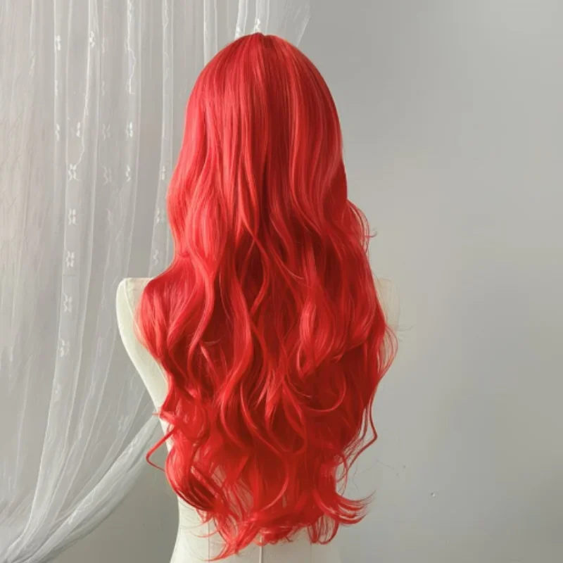 Children's Cosplay Princess Wig Synthetic Long Wavy Hair Extensions with Neat Bangs Big Waves Orange Head Cover for Girls