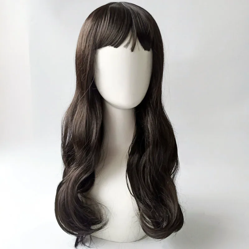 Children's Cosplay Princess Wig Synthetic Long Wavy Hair Extensions with Neat Bangs Big Waves Orange Head Cover for Girls
