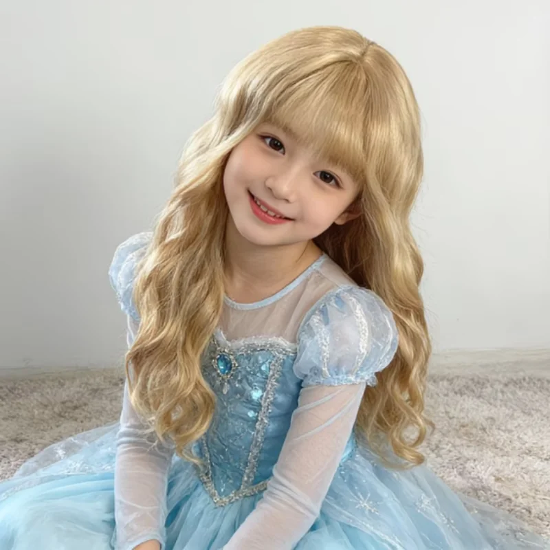 Children's Cosplay Princess Wig Synthetic Long Wavy Hair Extensions with Neat Bangs Big Waves Orange Head Cover for Girls
