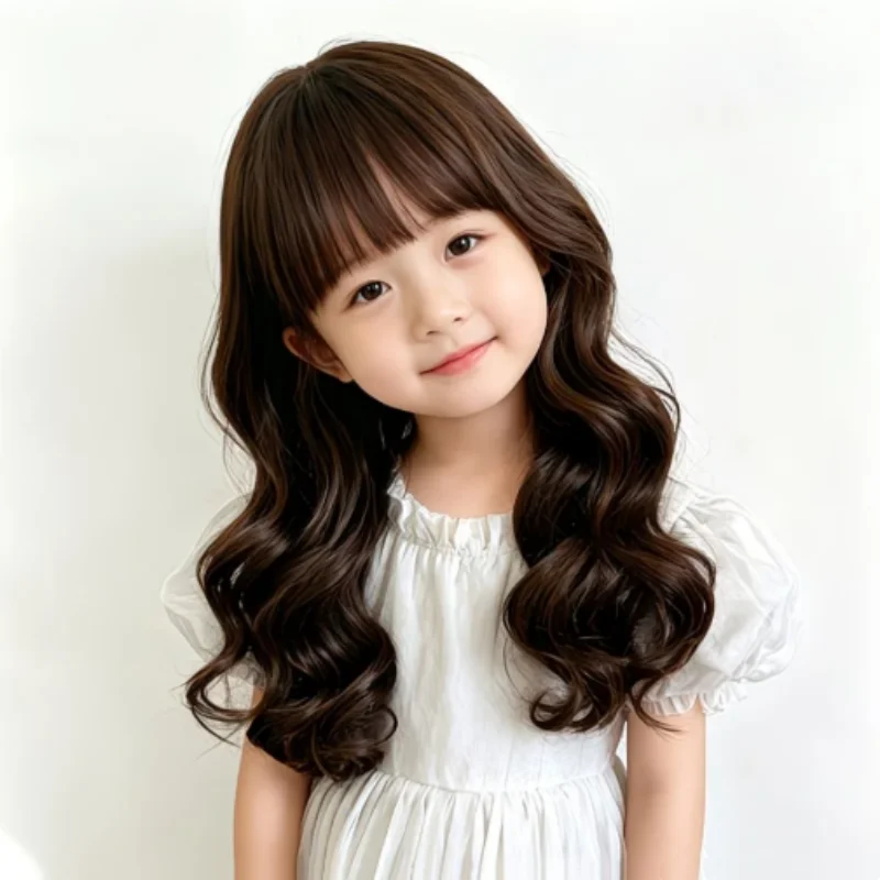 Children's Cosplay Princess Wig Synthetic Long Wavy Hair Extensions with Neat Bangs Big Waves Orange Head Cover for Girls