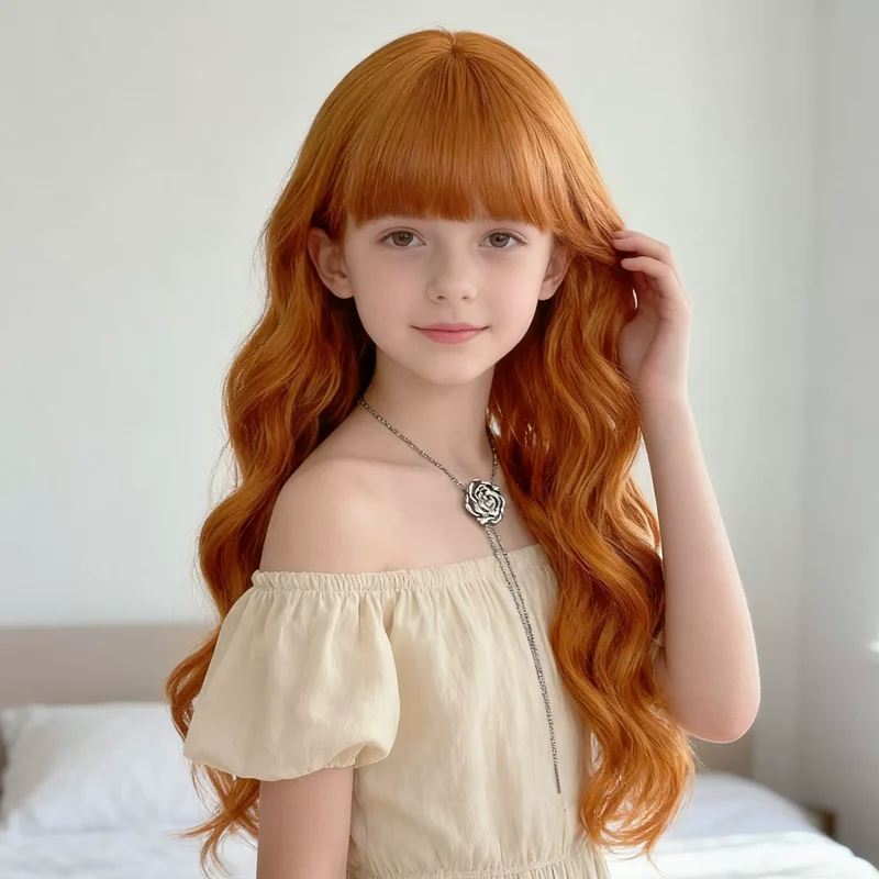 Children's Cosplay Princess Wig Synthetic Long Wavy Hair Extensions with Neat Bangs Big Waves Orange Head Cover for Girls