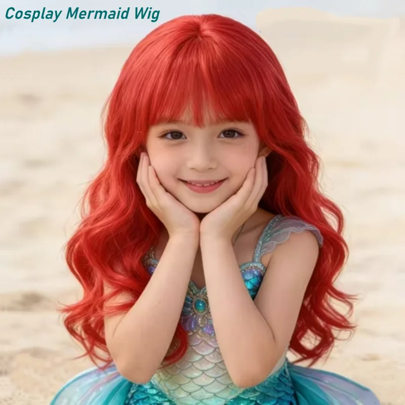 Children's Cosplay Princess Wig Synthetic Long Wavy Hair Extensions with Neat Bangs Big Waves Orange Head Cover for Girls