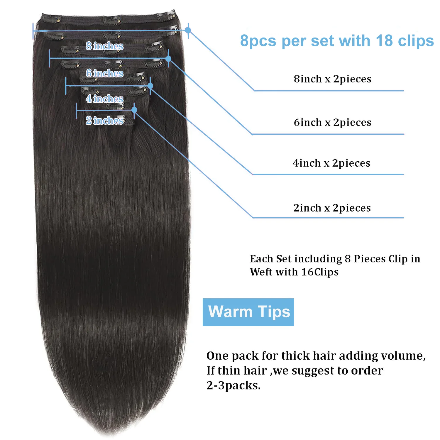 Silky Straight Clip In Hair Extensions Full Head For Women 120G Per Pack Brazilian Remy Human Hair 8 pcs Extensions 18 Clips