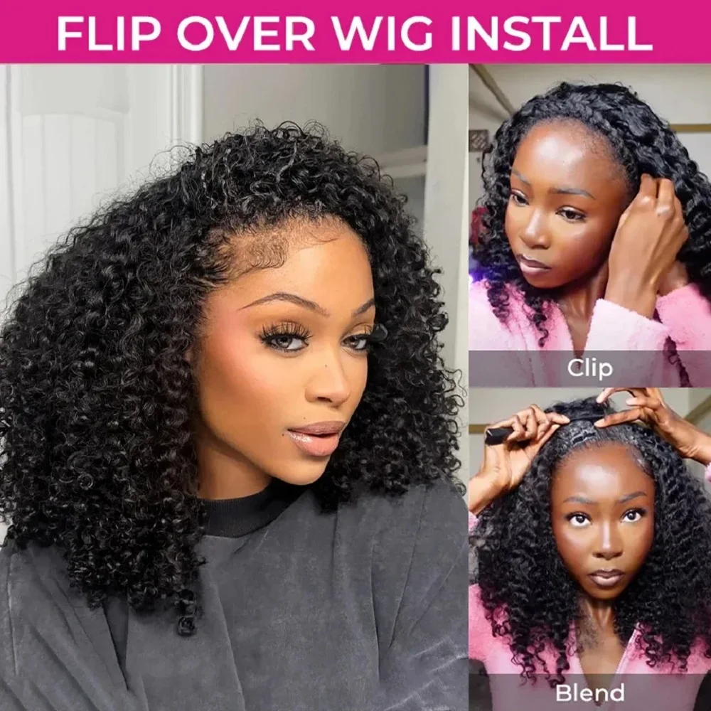 200 Density Flip Over Upgrade 3 In 1 Glueless Half Wig 200 Density Natural Colored Kinky Curly Wave Human Hair Wigs For Women