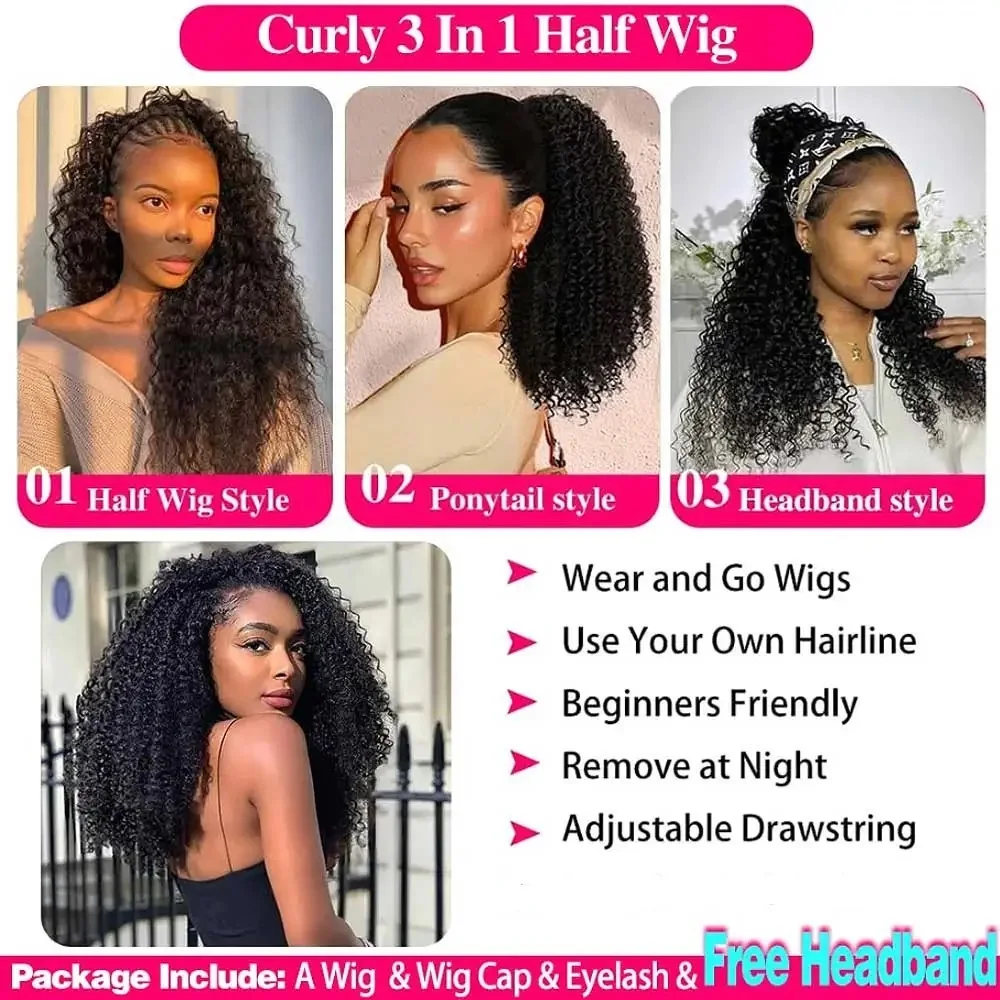 200 Density Flip Over Upgrade 3 In 1 Glueless Half Wig 200 Density Natural Colored Kinky Curly Wave Human Hair Wigs For Women