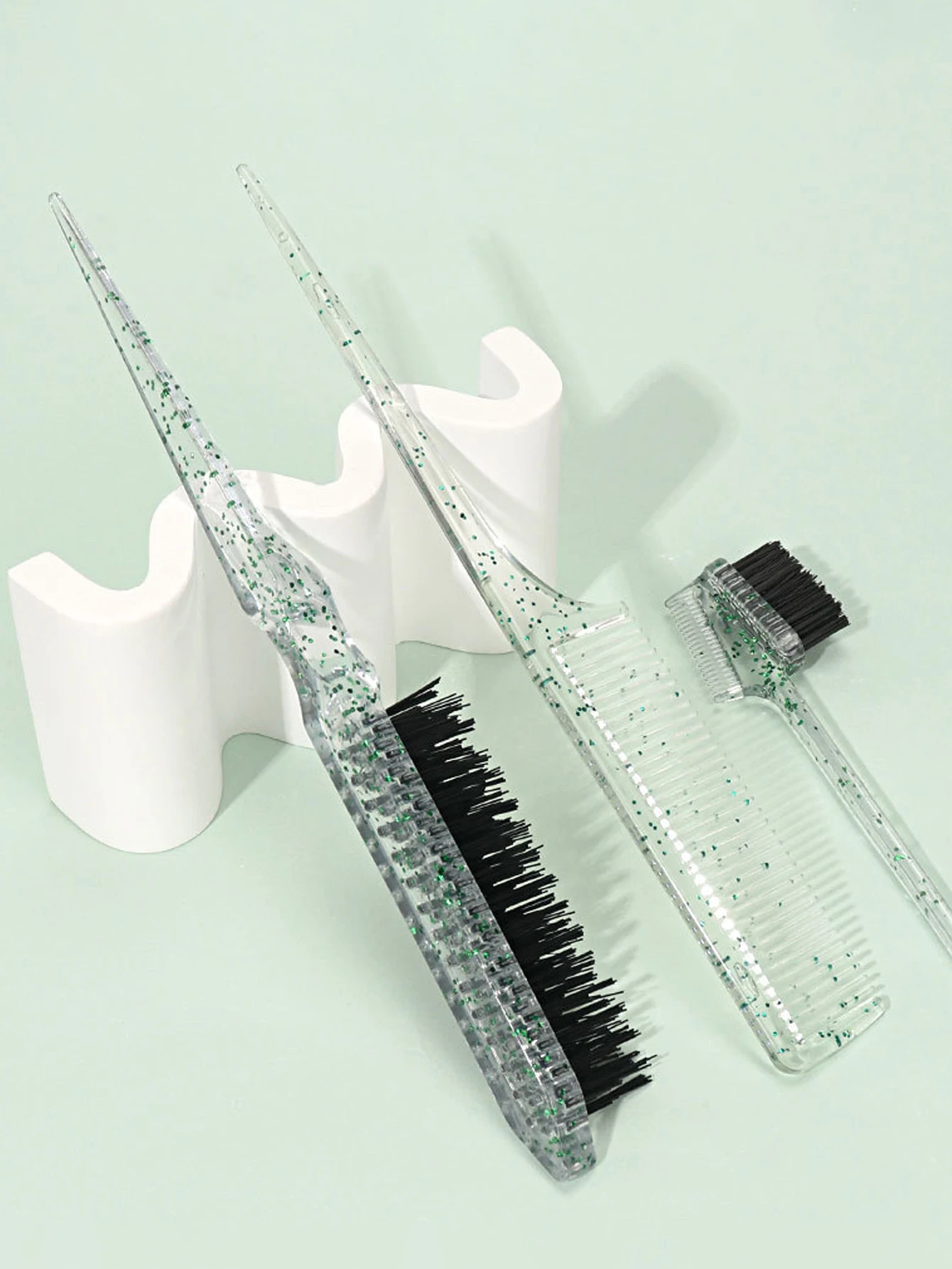 3-piece transparent comb set with double-sided edge control brush tear brush and pointed tail comb Special for real hair wigs