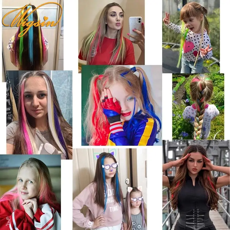 WIGSIN Synthetic Long Straight Hair Extension Rainbow Colorful Hairpiece Purple Red Blue Hairpiece For Women