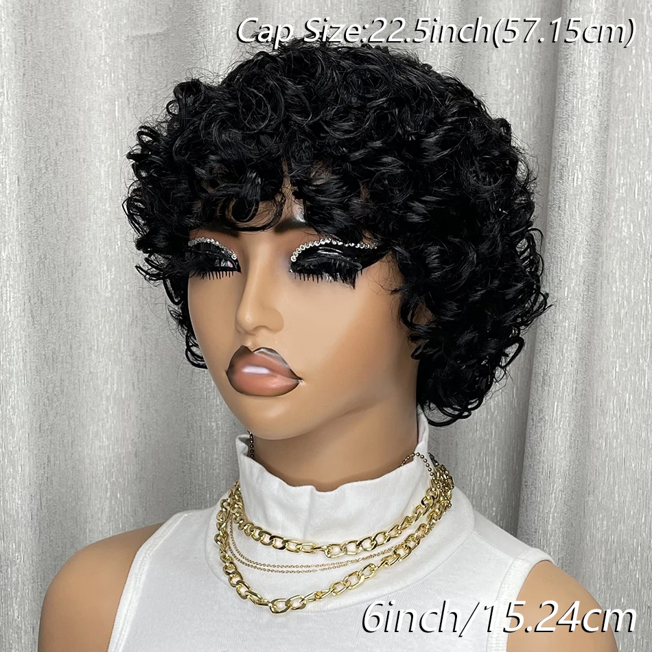 Kinky Curly Human Hair Wig Short Bob with Bangs for Black Women Machine Made Afro Curly Style Pre Plucked Natural Look Daily Wig