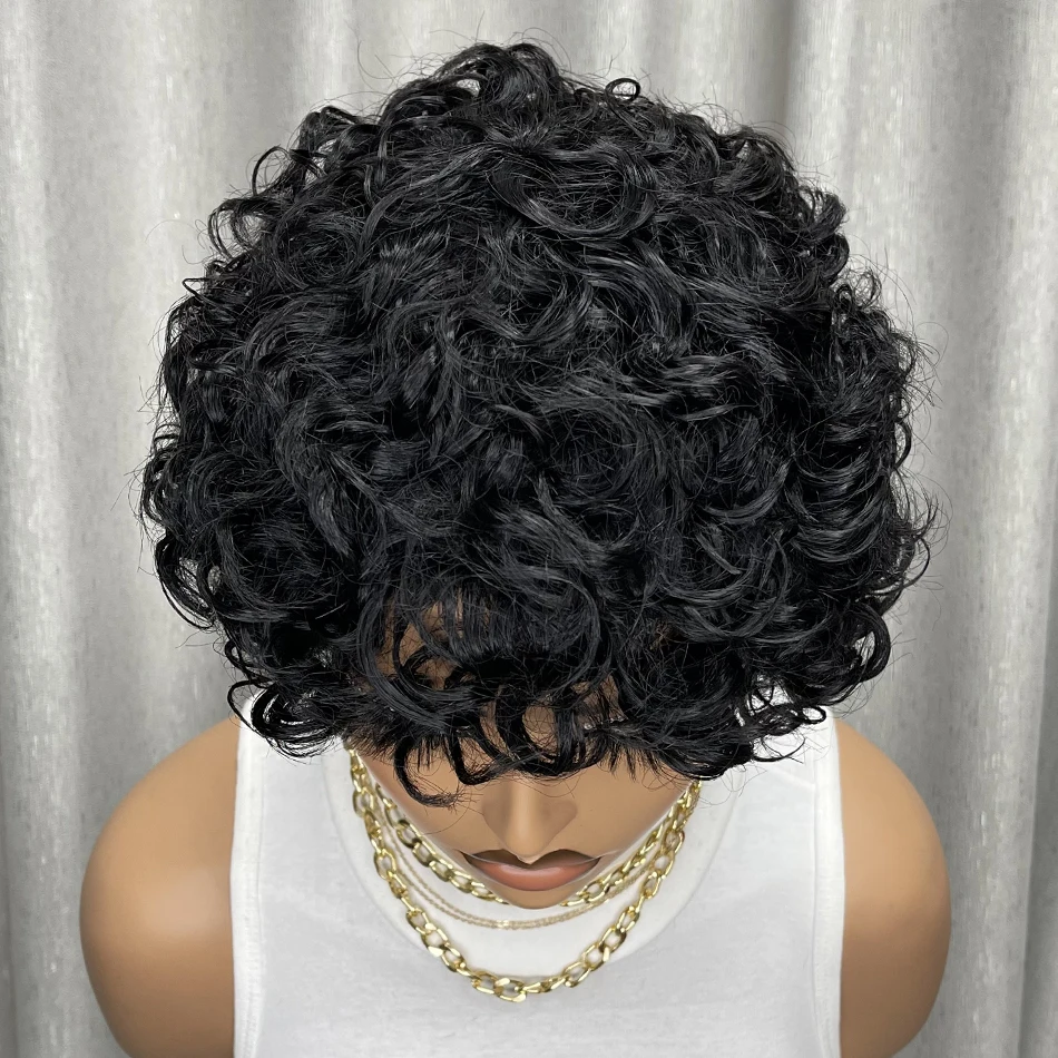 Kinky Curly Human Hair Wig Short Bob with Bangs for Black Women Machine Made Afro Curly Style Pre Plucked Natural Look Daily Wig
