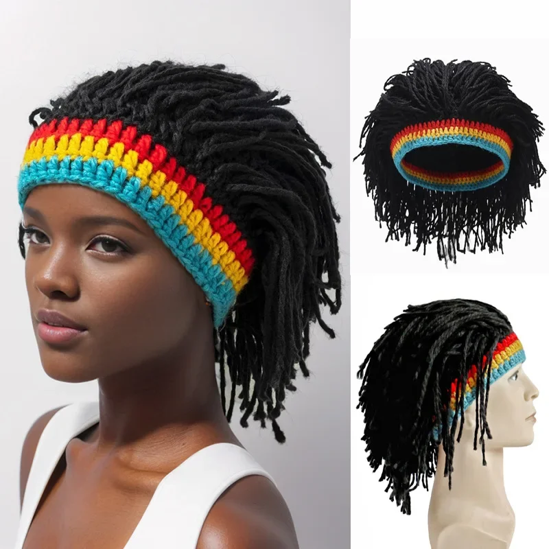 Men Women Synthetic Wig False Braid Dreadlock Dreadlocks Beanie Cap Handmade Crochet Hat Rasta Jamaica Cosplay Party Headwear
